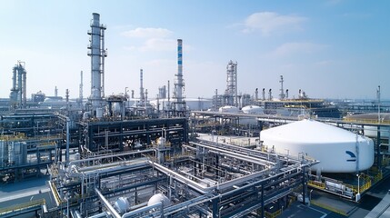 Fototapeta premium Organized and Clean Fuel Refinery with Large Steel Storage Tanks in an Industrial Landscape Setting