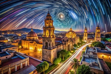Fototapeta premium Breathtaking Long Exposure Night Scene in Jalisco, Mexico Showcasing Vibrant Lights, Historic Architecture, and Star Trails Over a Scenic Landscape