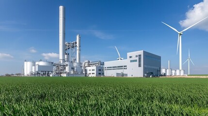 Biofuel processing plant with wind turbines in the background showcasing a renewable energy concept for a sustainable and eco friendly future