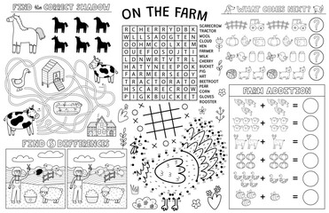 On the farm placemat with cute animals. Farm activity mat for kids with dot to dot, find differences, word search and maze games. Cow, horse, turkey and other farm animals. Vector illustration
