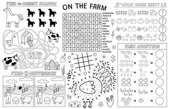 On the farm placemat with cute animals. Farm activity mat for kids with dot to dot, find differences, word search and maze games. Cow, horse, turkey and other farm animals. Vector illustration