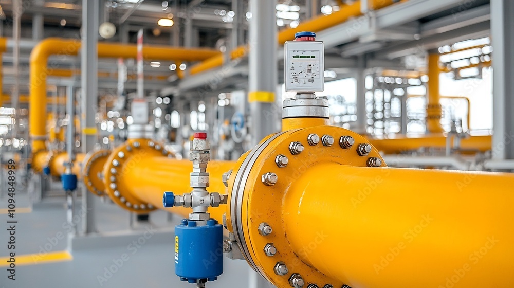 Poster close up view of an intricate industrial system featuring a complex network of metal pipes and valve