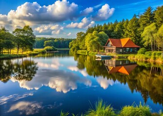 Obraz premium Breathtaking Panorama of Het Hulsbeek Recreation Area near Oldenzaal in Twente, The Netherlands, Showcasing Scenic Landscapes and Architectural Elements in Nature