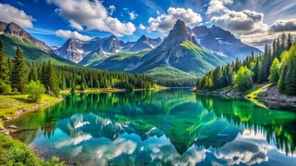 Fototapeta premium Breathtaking Panoramic Landscape of Majestic Mountains and Lush Valleys Under a Clear Blue Sky with a Serene Lake Reflecting the Natural Beauty of the Surrounding Wilderness