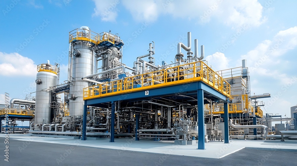 Poster close up view of a sleek metallic distillation tower within an industrial fuel refining plant showca