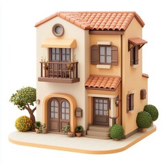 Fototapeta premium Charming Cartoon Townhouse with Tile Roof and Landscaped Exterior in 3D Rendering Style