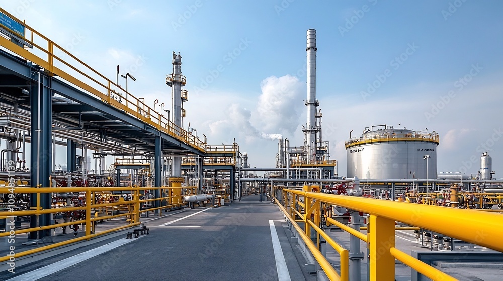 Poster Aerial view of a large industrial gas processing plant with extensive network of large metal tanks and pipelines