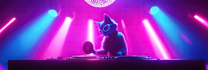 A hip cat DJ, spinning a neon record under a disco ball with vivid spotlight effects