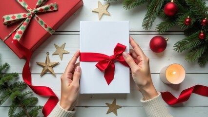 Christmas decoration, white book mockup for present, red bow, candles, stars, top view on white wooden table