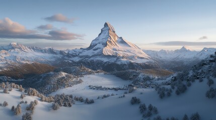 A breathtaking mountain peak rises majestically, covered in snow and bathed in the warm light of sunrise, surrounded by serene valleys