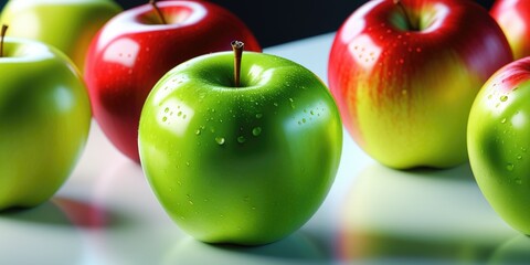 Vibrant green and red apples with water droplets on glossy surface