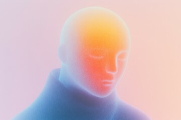 Glowing cyberpunk robot silhouette meditating, featuring a human head made of particles or dots, with a red nose and red glowing particles to the forehead
