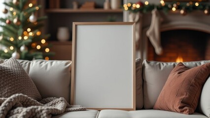 Poster product frame design , A3 poster mockup on cozy sofa with winter decoration on blurred background, christmas mockup for pictures, painting, sketches, presents, congratulations, advertisement