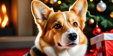 Festive corgi by christmas tree with holiday decorations and gift