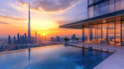 Fototapeta premium Rooftop Infinity Pool Overlooking Dubai Skyline Sunset
