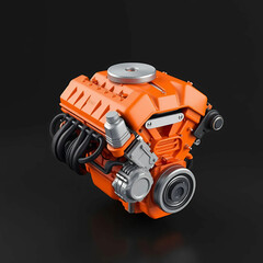 Here is the 3D rendering of the orange car engine on a dark background