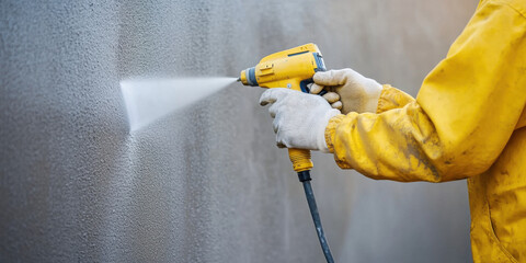 Close-up of Construction worker cleaning a facade of a building using a high pressure water jet. Building cleaning