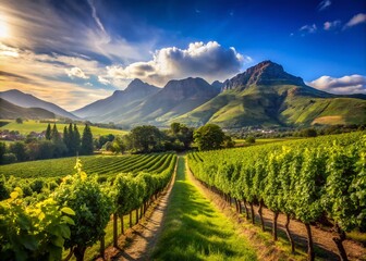 Naklejka premium Breathtaking Vineyard Landscape in Franschhoek, South Africa with Majestic Mountains in the Background Showcasing Lush Vines and Scenic Beauty of the Winelands