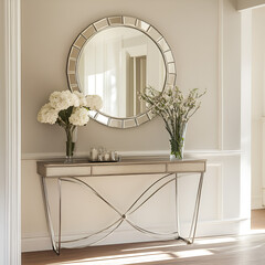 Elegant floral arrangement on console table in modern interior home decor minimalistic style natural light serenity and beauty