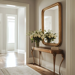 Elegant home entrance with floral arrangement bright hallway interior design modern aesthetic inviting atmosphere serenity in space