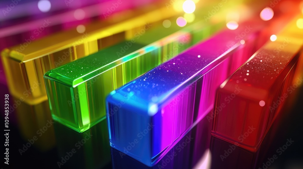 Poster an abstract 3d bar graph illustrating a comparison of different categories, with glossy textures and