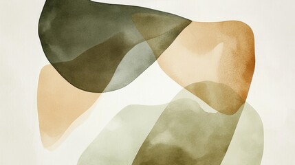 Watercolor abstract shapes in olive green, beige, and white, with soft lines and curves