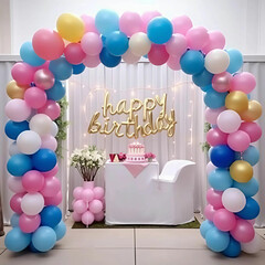 A vibrant balloon frame arch featuring pastel and bright colors