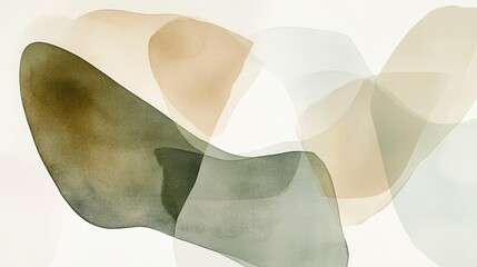Watercolor abstract shapes in olive green, beige, and white, with soft lines and curves