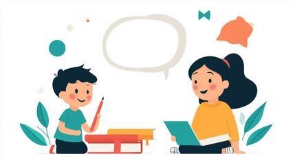 Business man and woman flat vector illustration with speach bubble, business background concept