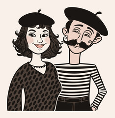 Cute french couple in berets. Vector isolated illustration