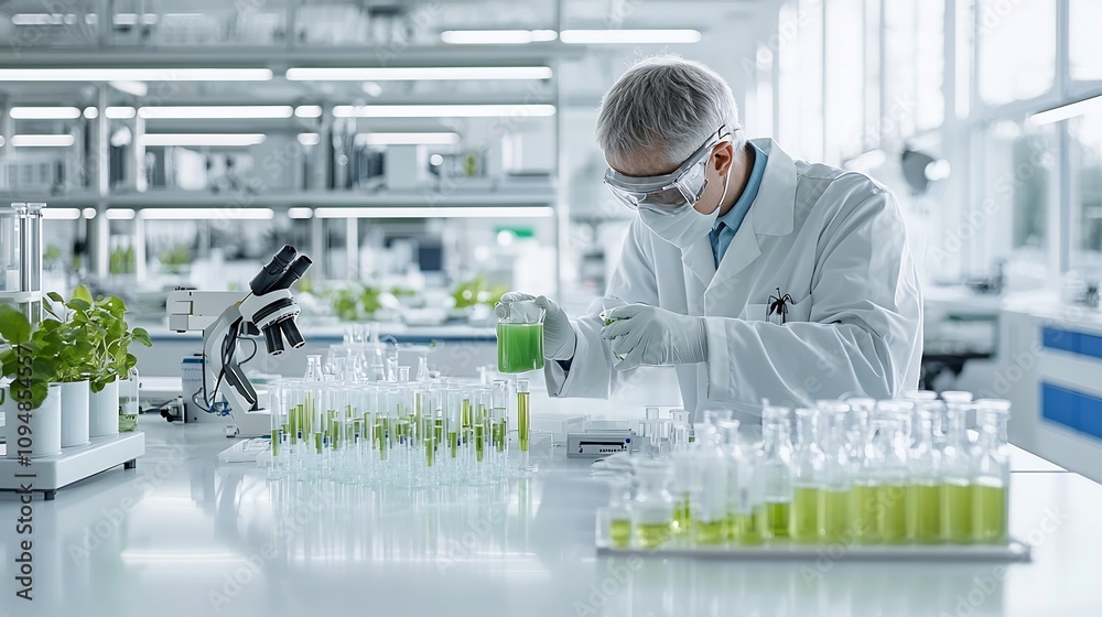 Poster scientist working in a clean high tech biofuel research laboratory examining a green liquid sample a