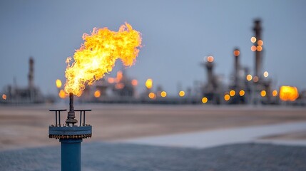 Close up detailed view of industrial gas flaring equipment and infrastructure during an oil and gas refining process  Glowing flames bright illumination and industrial landscape at night