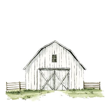 Watercolor Painting of a Rustic White Barn with Wooden Fences and Green Grass.