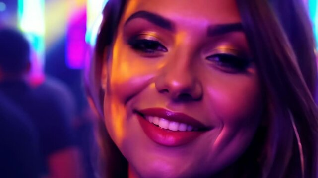 Young beautiful woman dancing sensually in a night club. Close-up portrait. A stunning embodiment of sensuality! Watch her dance as she enchants everyone in the vibrant nightclub.