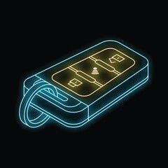Glowing neon line car remote key icon isolated on black background car key with remote fob. Vector illustration