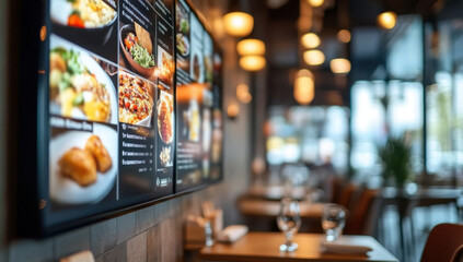 modern restaurant interior with digital signage screens