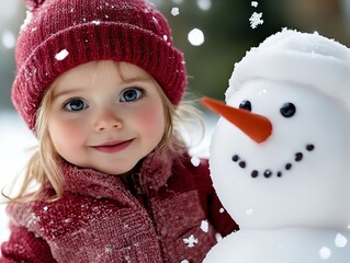 A little girl in a red hat and coat standing next to a snowman