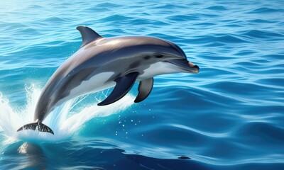 Fototapeta premium Playful dolphin leaping out of ocean water in a sunlit scene