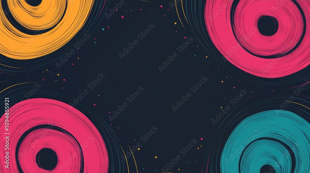 Poster an artistic composition featuring spiraling lines in contrasting colors on a dark background, creati