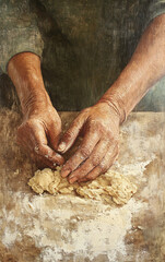 Close-Up of Hands Kneading Dough on a Floured Wooden Surface, Highlighting the Traditional Art of Bread-Making with Warm Rustic Tones