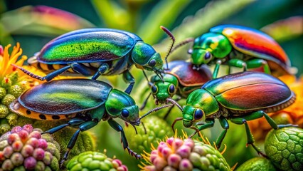 Fototapeta premium Candid Photography of Vibrant Chrysomelidae Beetles in Their Natural Habitat, Capturing Intricate Details and Vivid Colors Amidst Lush Greenery and Flowers