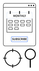 Monthly subscription calendar inside a web browser window with a subscribe button, a target icon, and a magnifying glass. Ideal for business, marketing, subscriptions, web design, planning, online