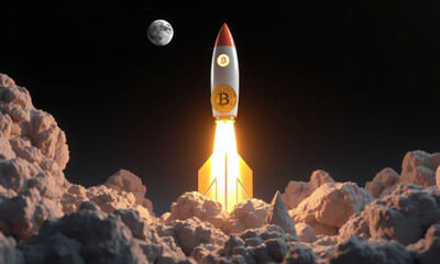 Fototapeta premium rocket launching into space with Bitcoin symbol, surrounded by clouds and moon in background, symbolizes innovation and financial growth