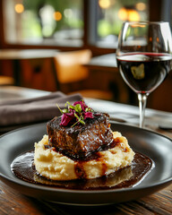 gourmet short ribs served on mashed potatoes, garnished with fresh herbs in a rustic dining setting
