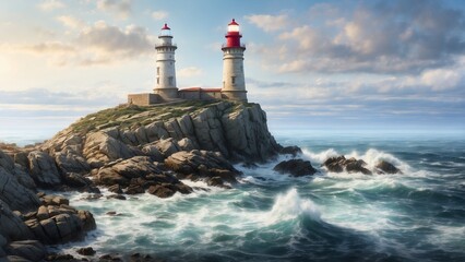 Obraz premium Picturesque lighthouse on a rocky cliff overlooking turbulent ocean waves under a bright sky 