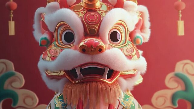 Colorful lion dance puppet displayed during a cultural festival in a vibrant red setting