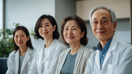 Fototapeta premium Diverse group of healthcare professionals smiling together in a modern medical office, conveying trust, compassion, and teamwork in patient care and support