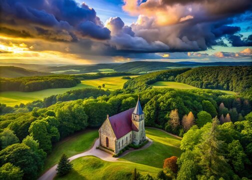 Captivating Aerial View of Ronchamp Chapel Surrounded by Lush Greenery and Dramatic Skies, Showcasing Its Unique Architecture and Serene Landscape in Stunning Drone Photography
