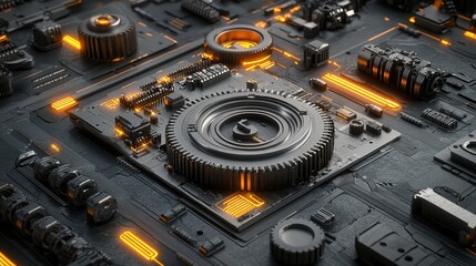 Futuristic circuit, glowing orange lines, intricate mechanical design, digital landscape, advanced technology theme