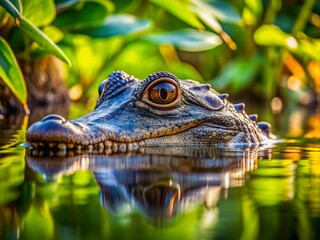 Fototapeta premium Captivating Alligator Peering from Water's Surface in a Serene Wetland Habitat Amidst Lush Greenery and Reflective Waters Captured in Stunning Documentary Photography